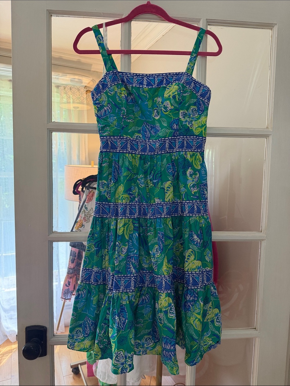 Lilly Pulitzer Green Blue Floral Tiered Sun Dress Smocked Back Size 6